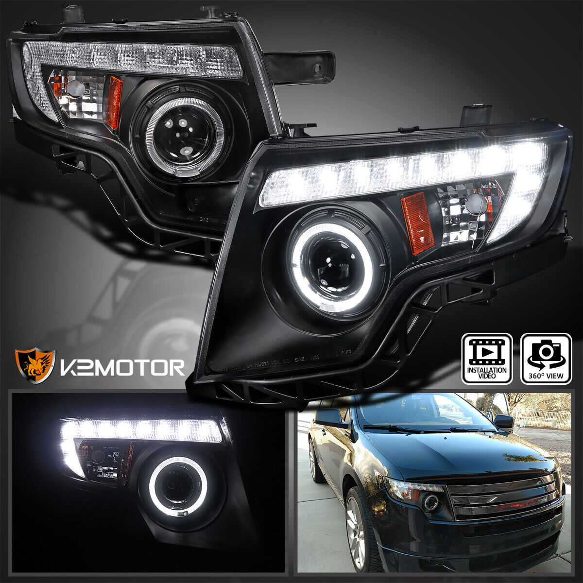 Fits 2007-2010 Ford Edge Black LED Strip Halo Rim Projector Headlights Lamp Pair