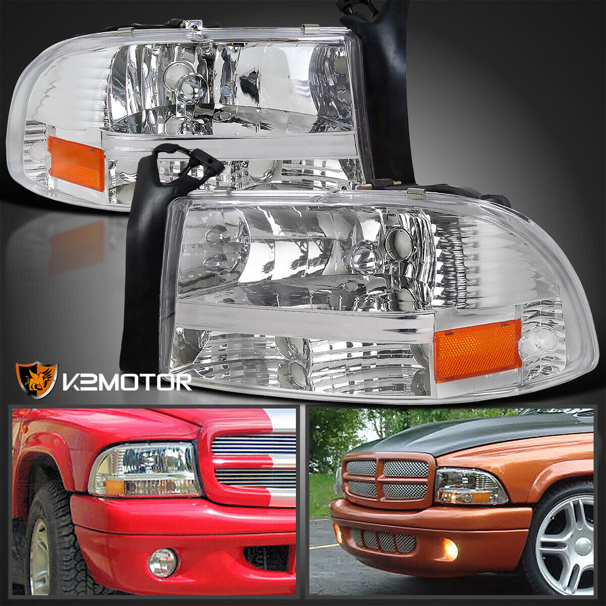 For 1997-2004 Dodge Dakota Durango Clear Headlights Lamps Pair Replacement L+R