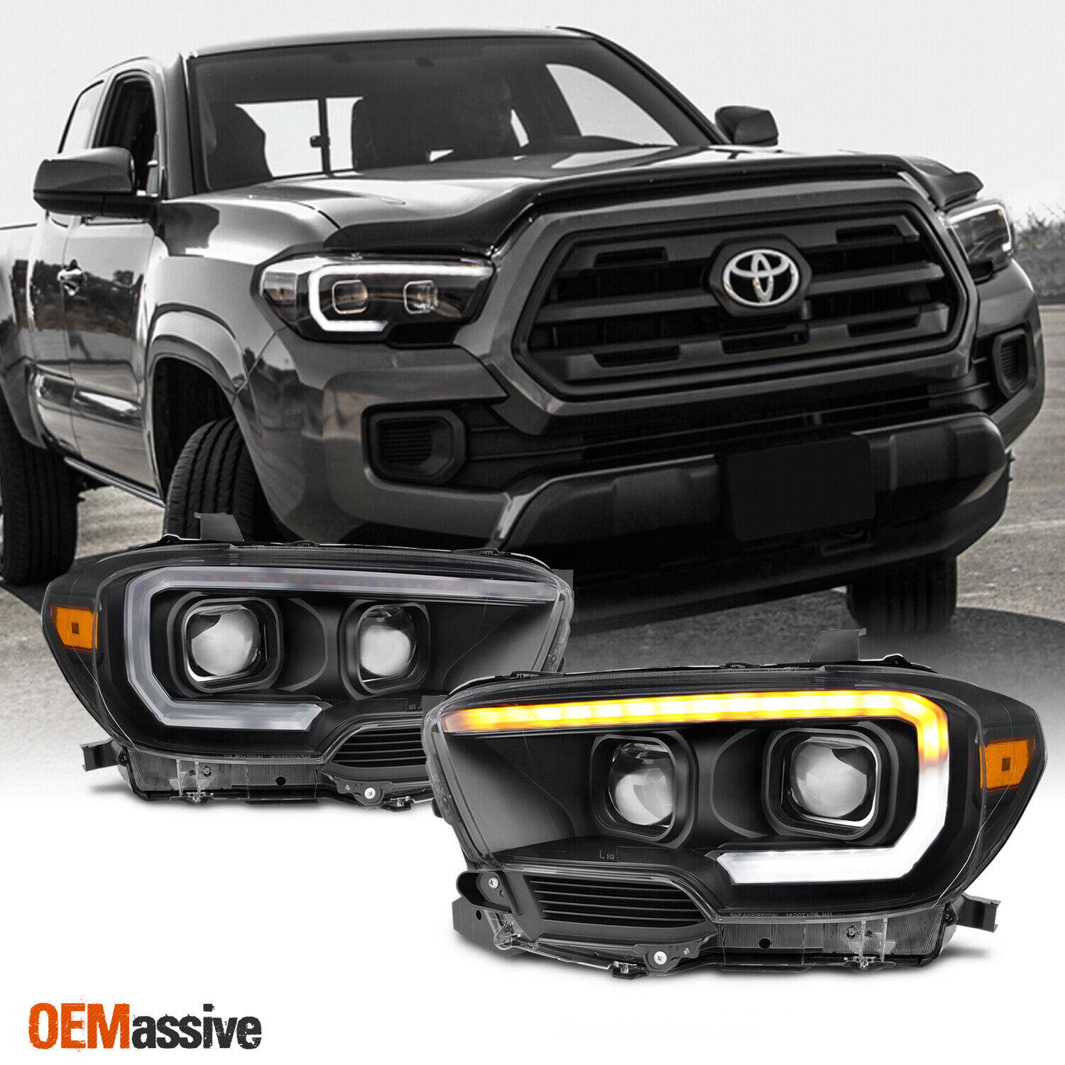 Fits 2016-2023 Toyota Tacoma TRD Sequential LED Square Black Projector Headlight