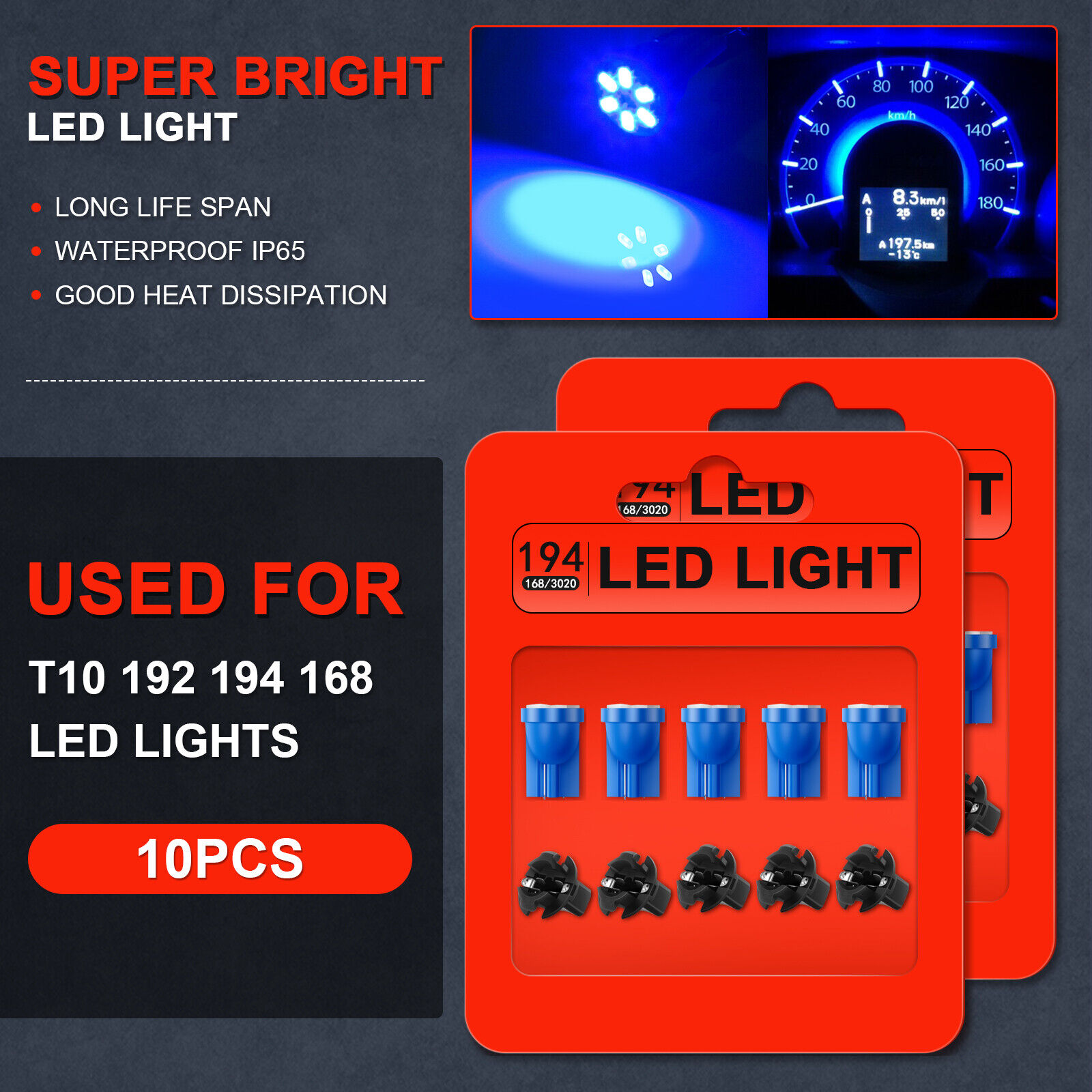 10Pcs Blue T10 194 LED Bulbs + 1/2\