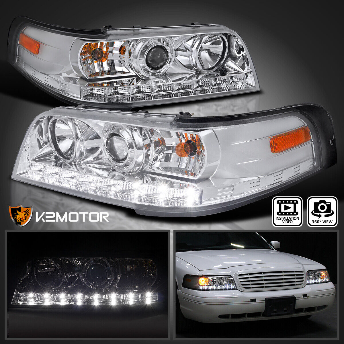 Fits 1998-2011 Ford Crown Victoria LED Strip Projector Headlights Left+Right