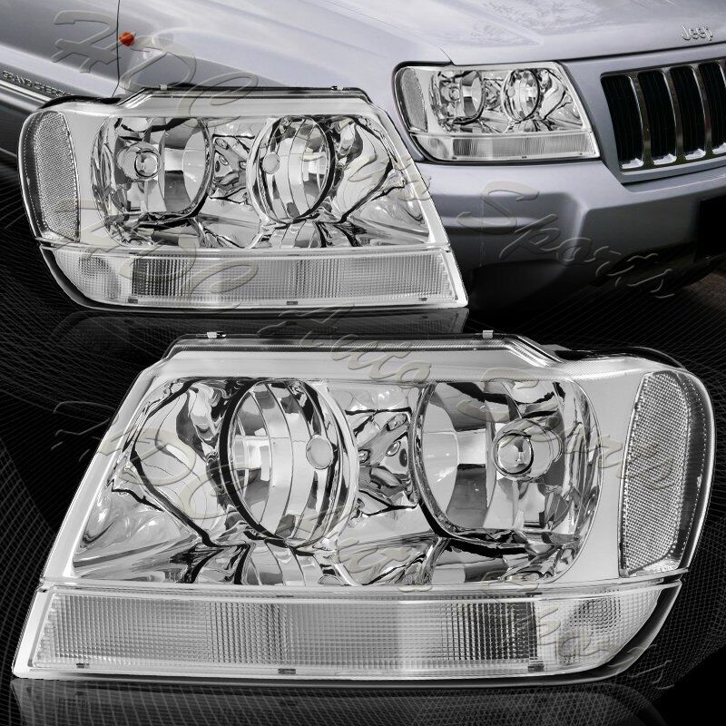For 99-04 Jeep Grand Cherokee Chrome Housing Headlights W/ Clear Reflector Lamps