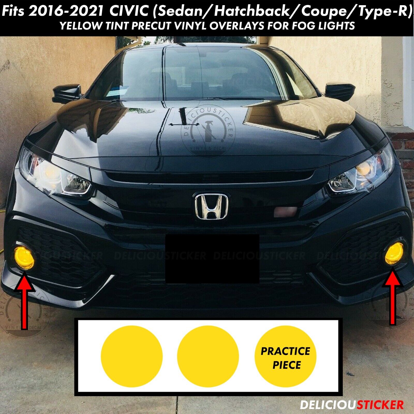 Fits 2016-2021 Civic YELLOW Fog Light Overlays Vinyl Tint Hatchback Sedan Coupe