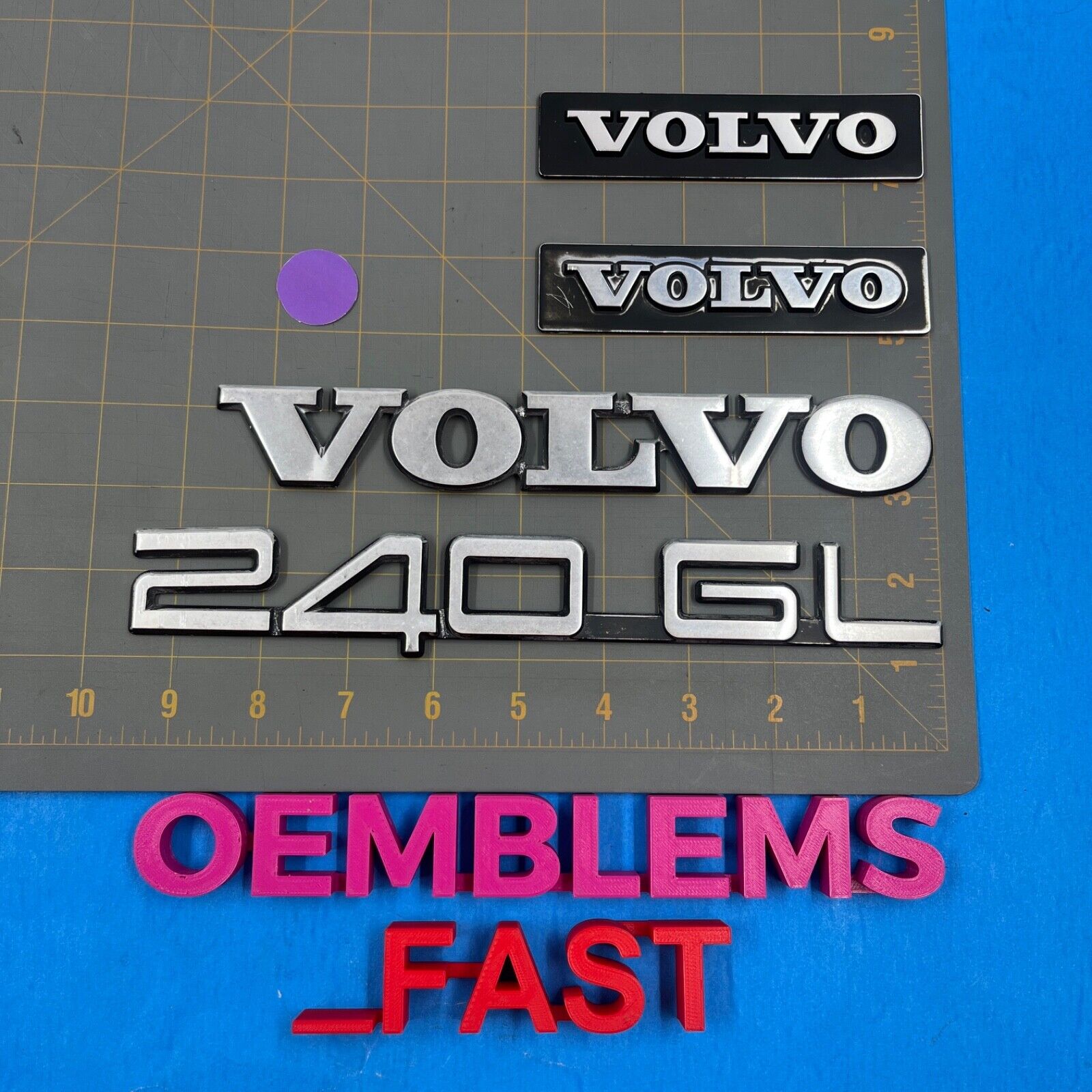 1987-1995 Volvo 240GL 240 GL OEM Factory Silver Fender Rear Trunk Emblem Set OEM