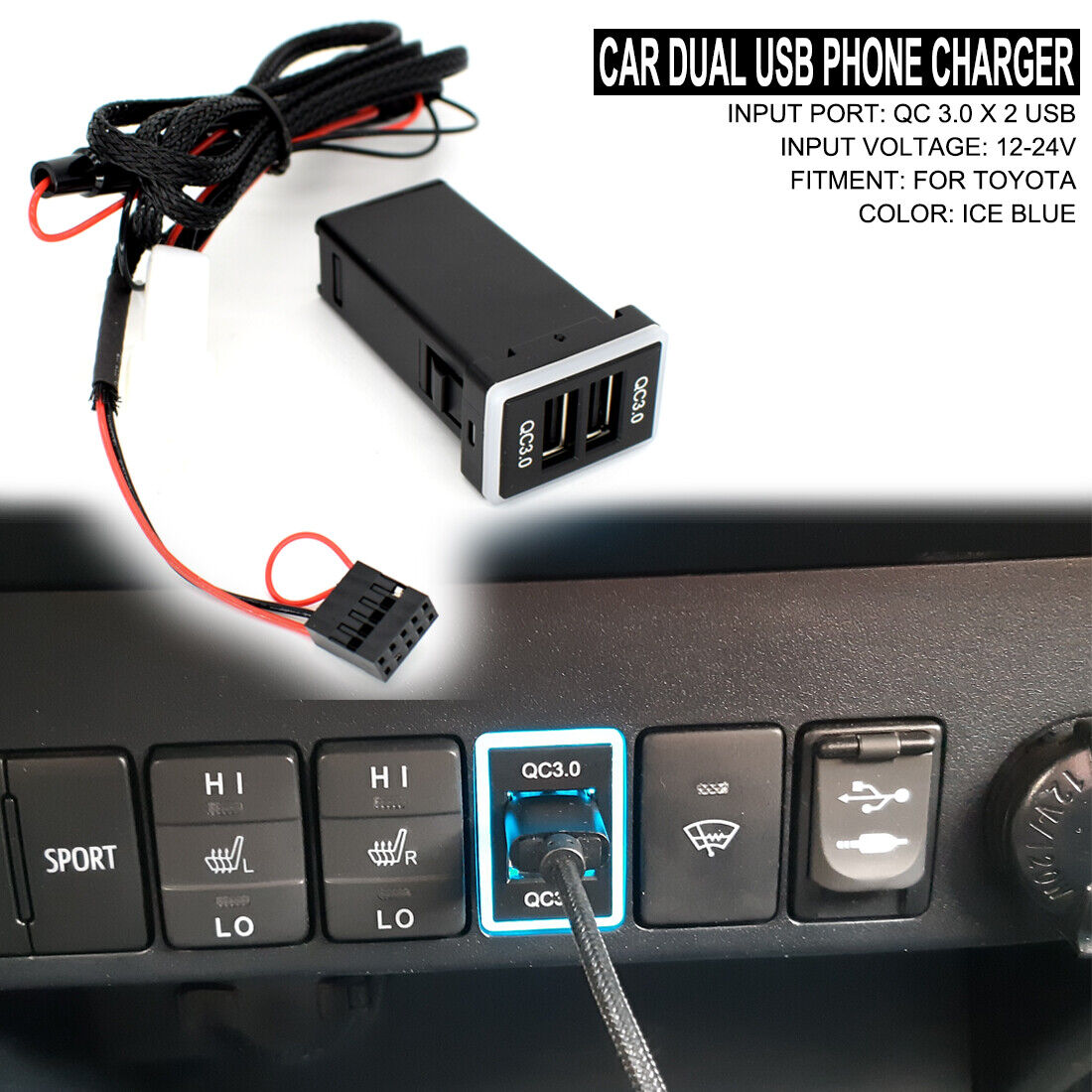 Dual USB QC 3.0 Port Quick Charger Phone Fast Charge For Toyota Blue LED Light