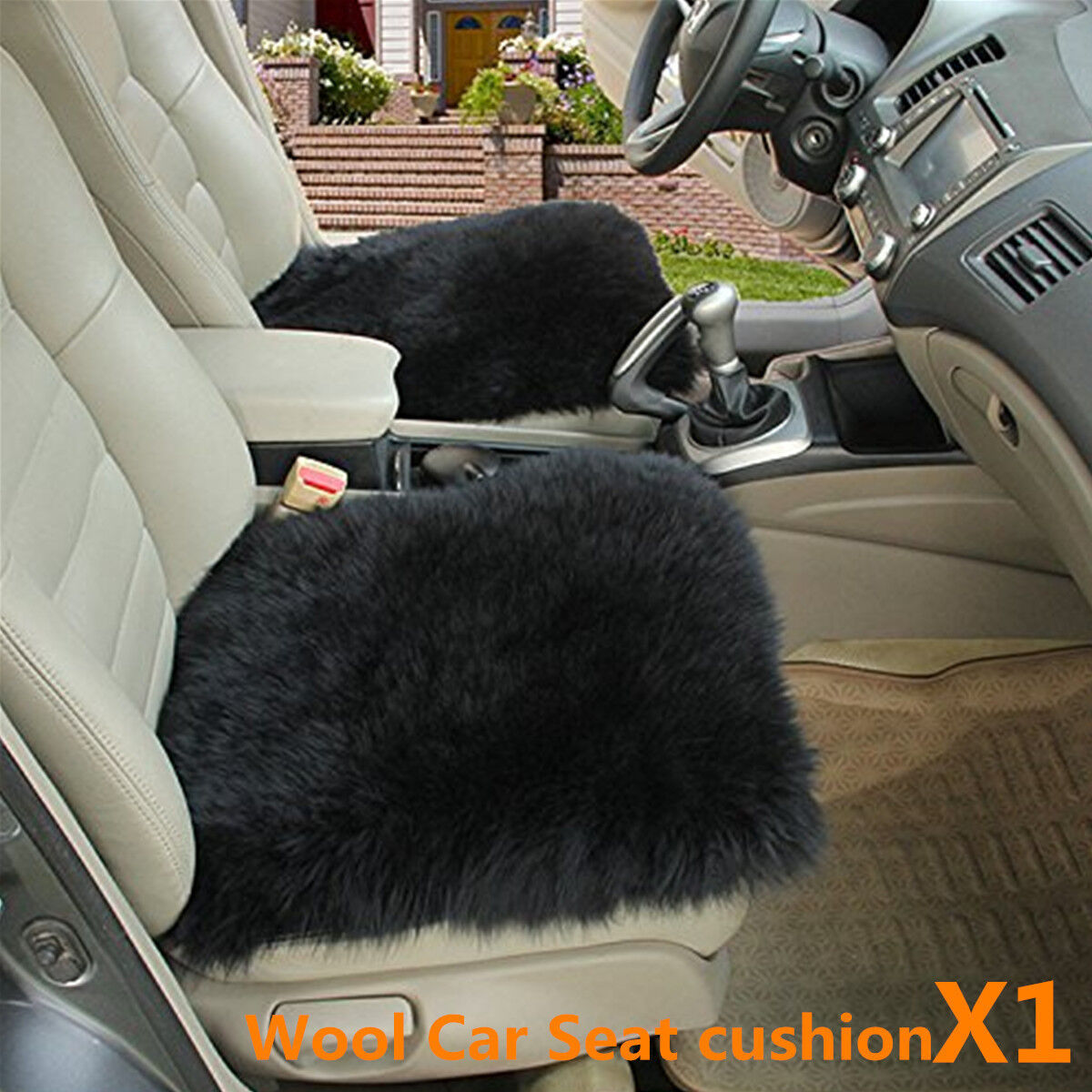Real BLACK Sheepskin Long Wool Front Car Seat Covers Cover Universal Fit 1PCS