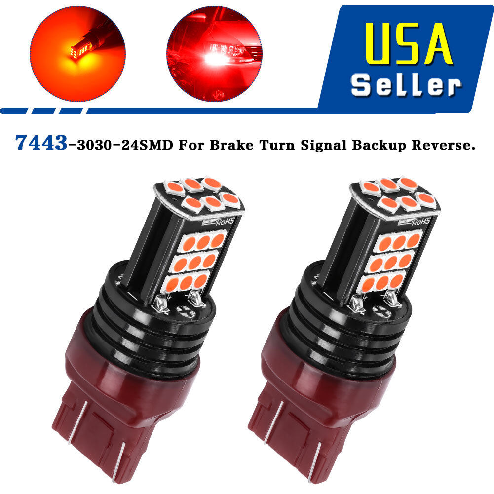 2X 7443 Pure RED 3030 24SMD LED Brake/Tail/Rear Turn Signal Blinker Light Bulb
