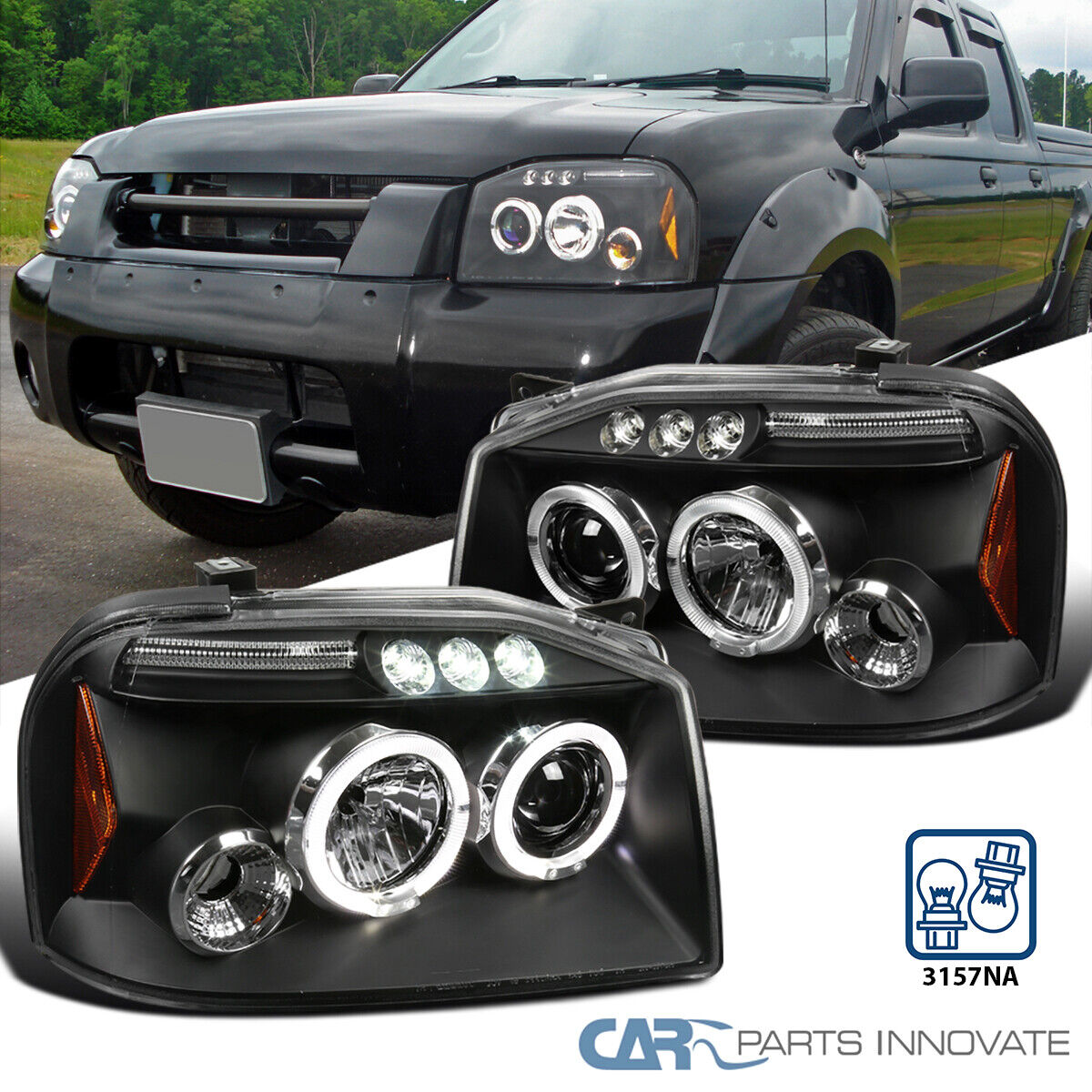 LED Halo Black For 01-04 Frontier Projector Headlights Head Lamps Pair