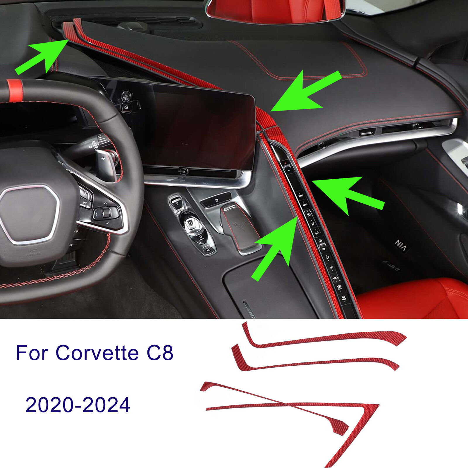 Red Soft Carbon Fiber Central AC Switch Side Trim Strips For Corvette C8 2020-24