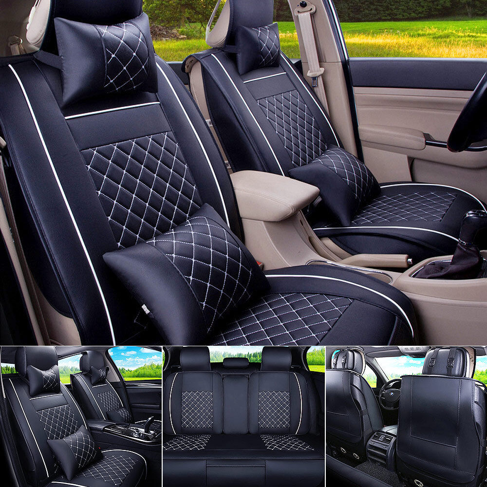 Car Seat Cover PU Leather Front & Rear 5-Seats Auto Size M W/Neck Lumbar Pillow