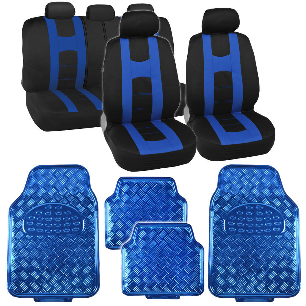 Black/Blue Sport Stripe Seat Covers Full Set w/ Shiny Metallic Blue Floor Mats