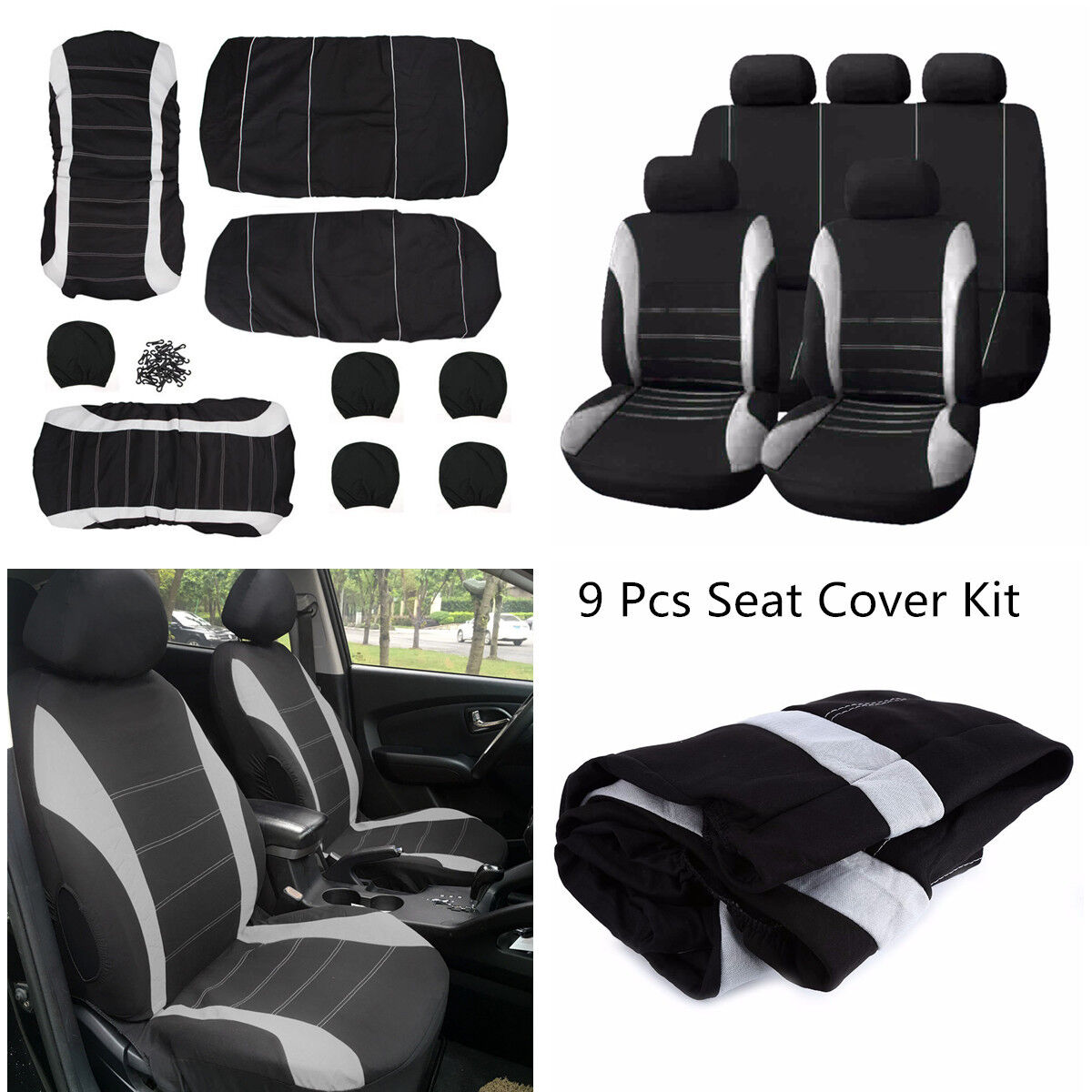 Car Seat Covers Universal For 5-Seats Seat Cover Gray & Black Polyester 9pcs Kit