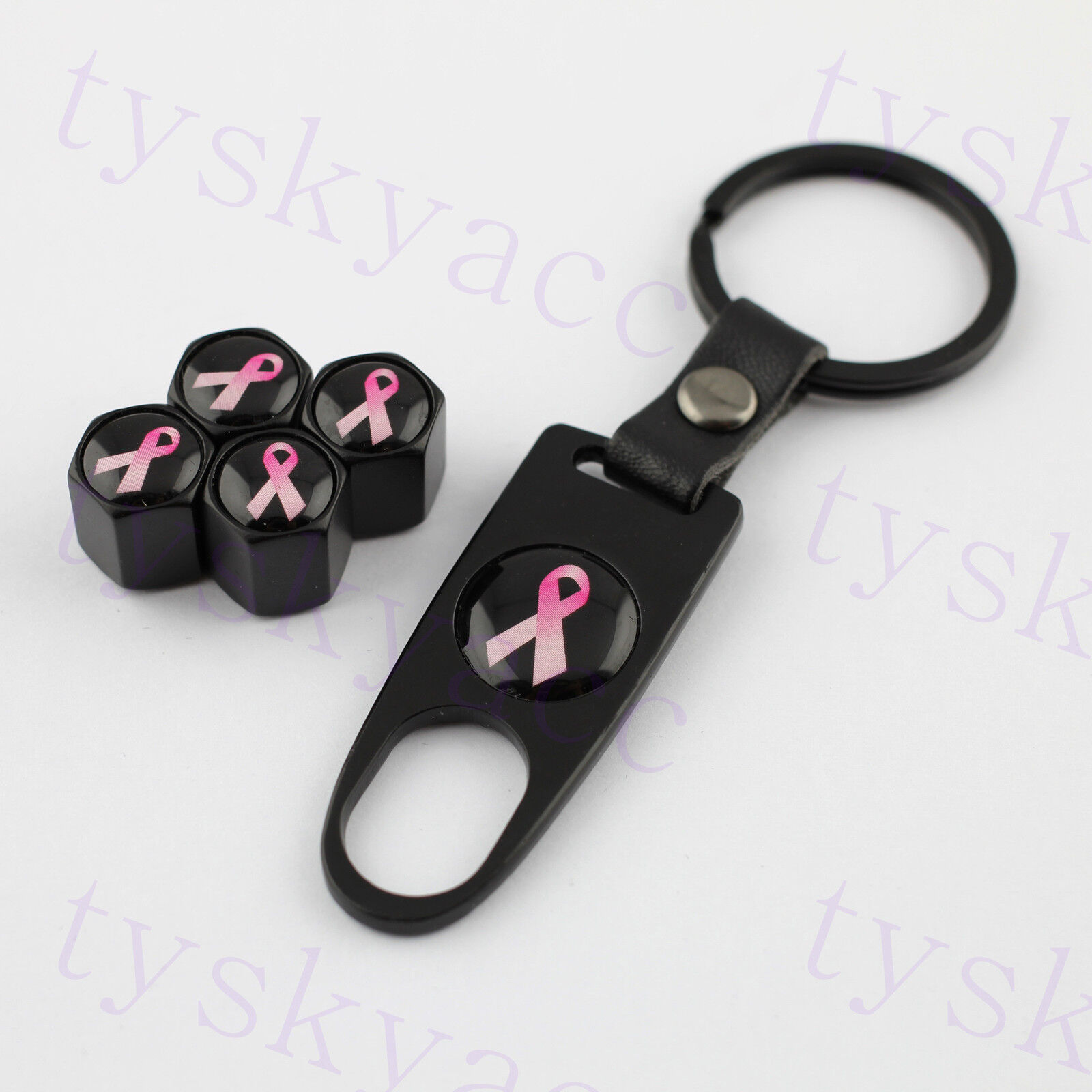 Auto Accessory Tire Valve Caps Wheel Tyre Key Chain Breast Cancer Pink Ribbon
