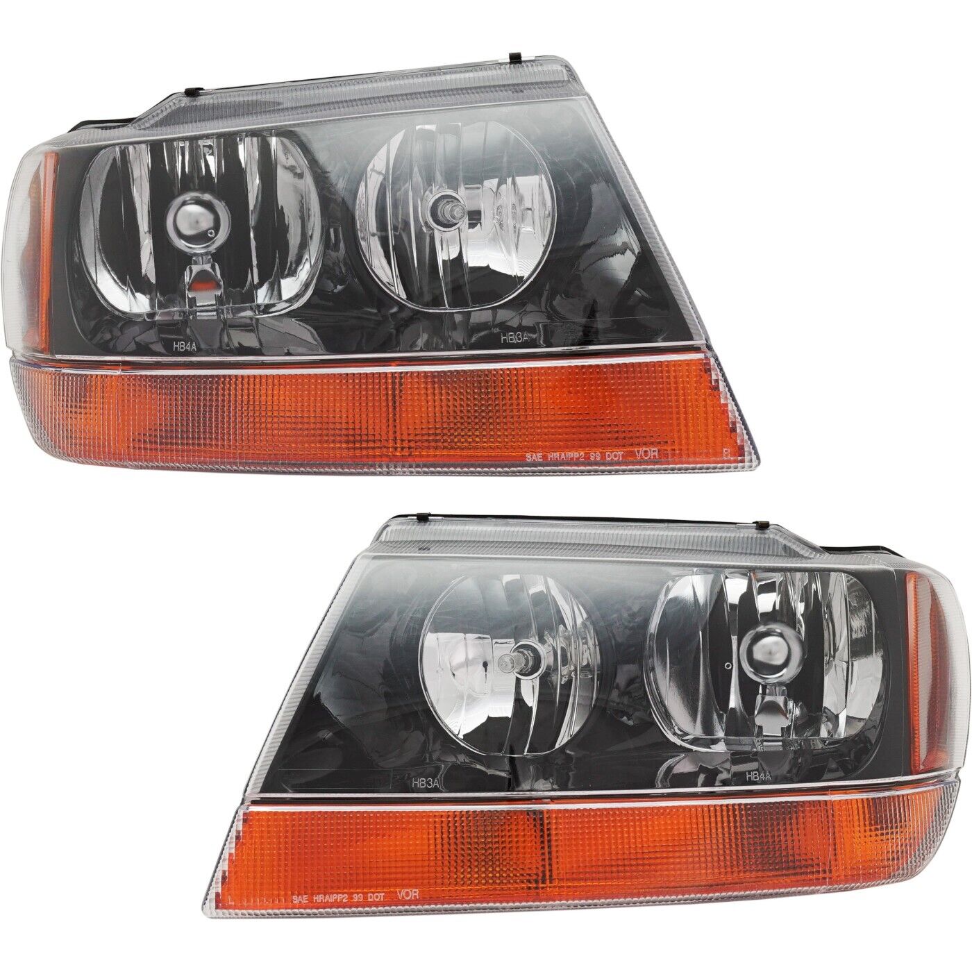 Headlight Set For 99-2004 Grand Cherokee LH and RH Black with Amber Signal Lens