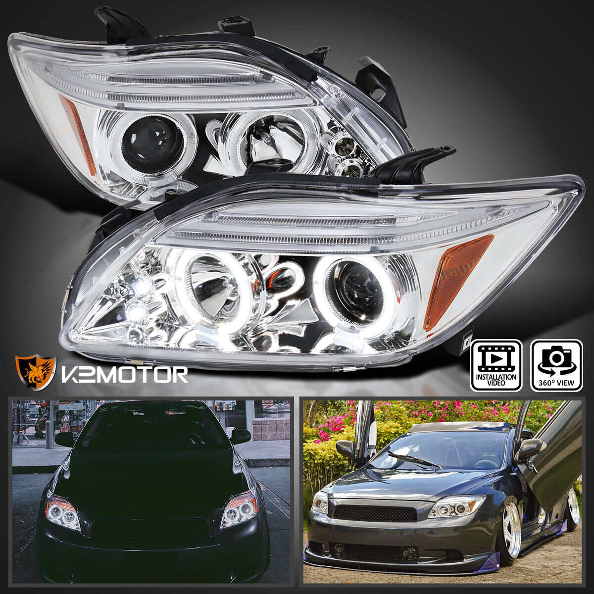 Clear Fits 2005-2010 Scion tC LED Halo Projector Headlights Lamp Left+Right