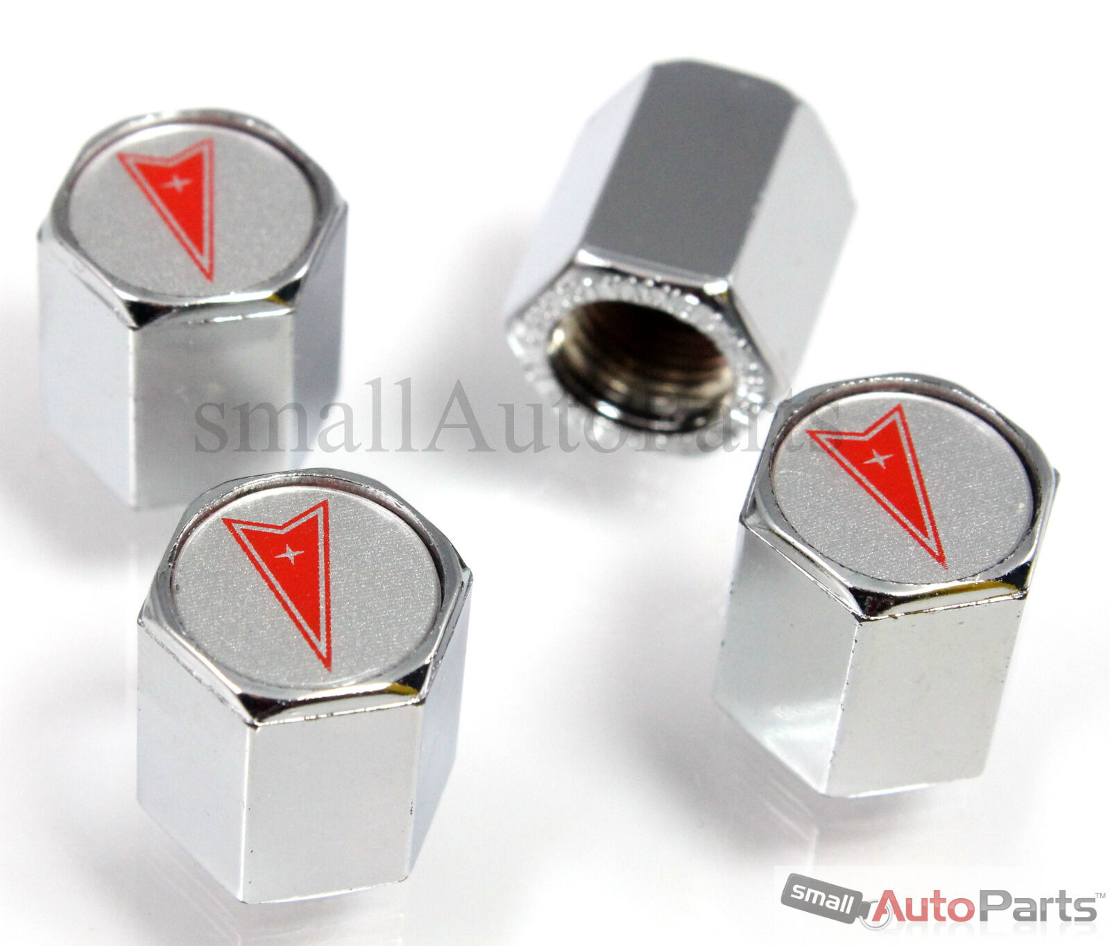 (4) Pontiac Silver/Red Logo Chrome ABS Tire/Wheel Stem Air Valve CAPS Covers set