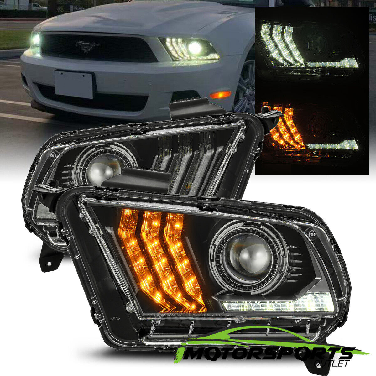 For 2010-2012 Ford Mustang LED Switchback Sequential Projector Black Headlights