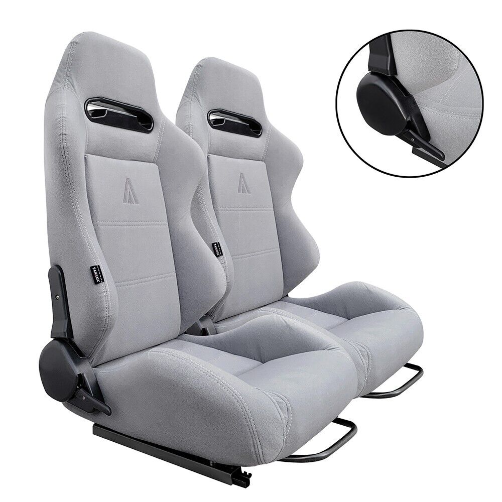 NEW 1 PAIR TANAKA GRAY CLOTH RACING SEATS RECLINABLE W/ SLIDERS FOR FORD *