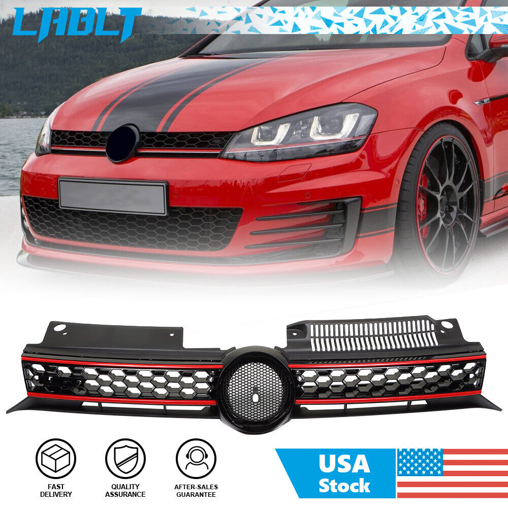 LABLT Front Upper Grille Grill Gloss Black Red Replace For 2010-2013 VW Golf Gti