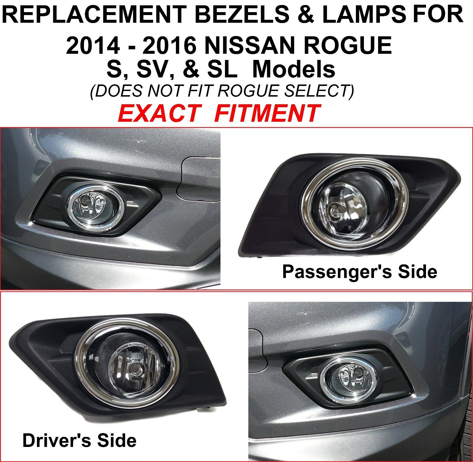 REPLACEMENT FOG LIGHTS FOR 2014 2015 2016 NISSAN ROGUE S SV SL LAMPS  BEZELS 