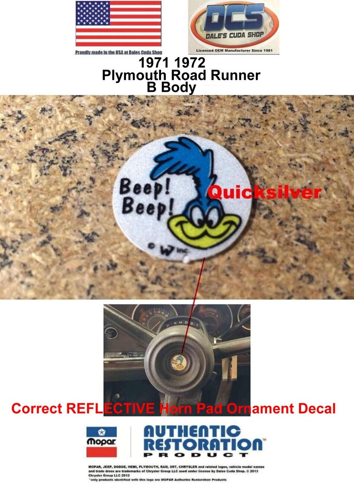 1971 1972 Plymouth Road Runner Horn Button Ornament Bird Decal NEW MoPar USA