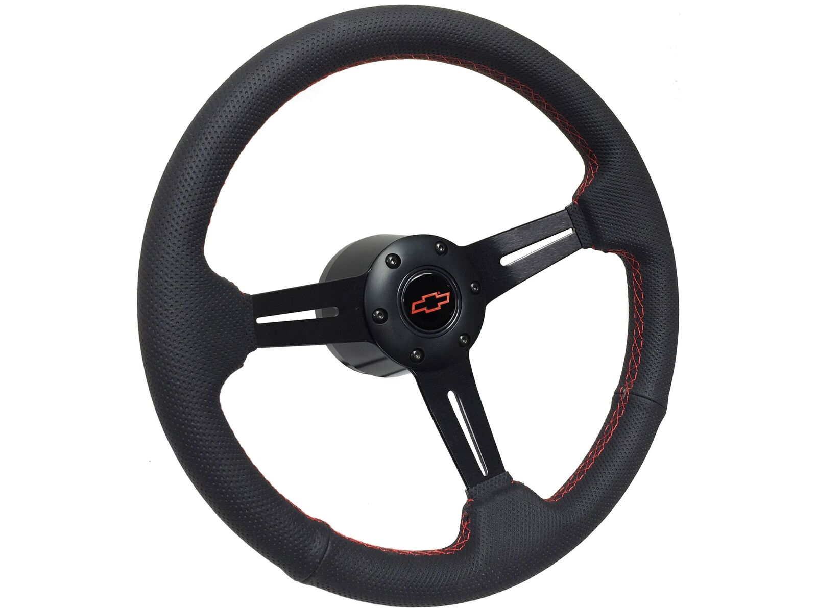 1969-94 Chevy Bow Tie 6-Bolt Perforated Leather Steering Wheel Kit, Red Stitch