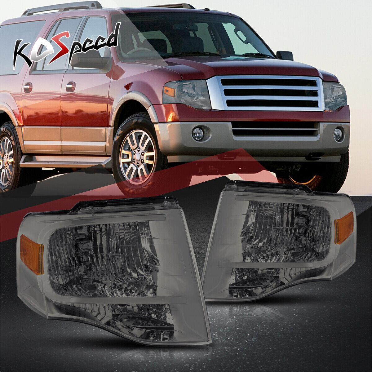 Smoked/Amber Corner OE Style Halogen Headlight Lamps for 07-14 Ford Expedition