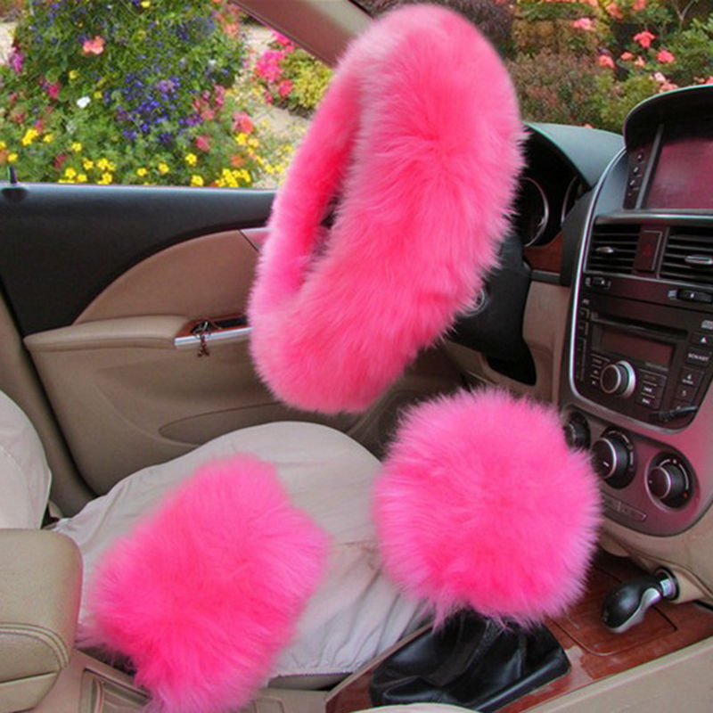 New 1 Set Pink Furry Steering Wheel Cover Shifter Cover and Parking Brake CoverF