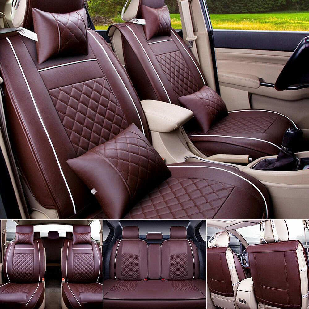 US Car Seat Cover PU Leather Front & Rear Auto W/Neck Lumbar Pillow For 5-Seats