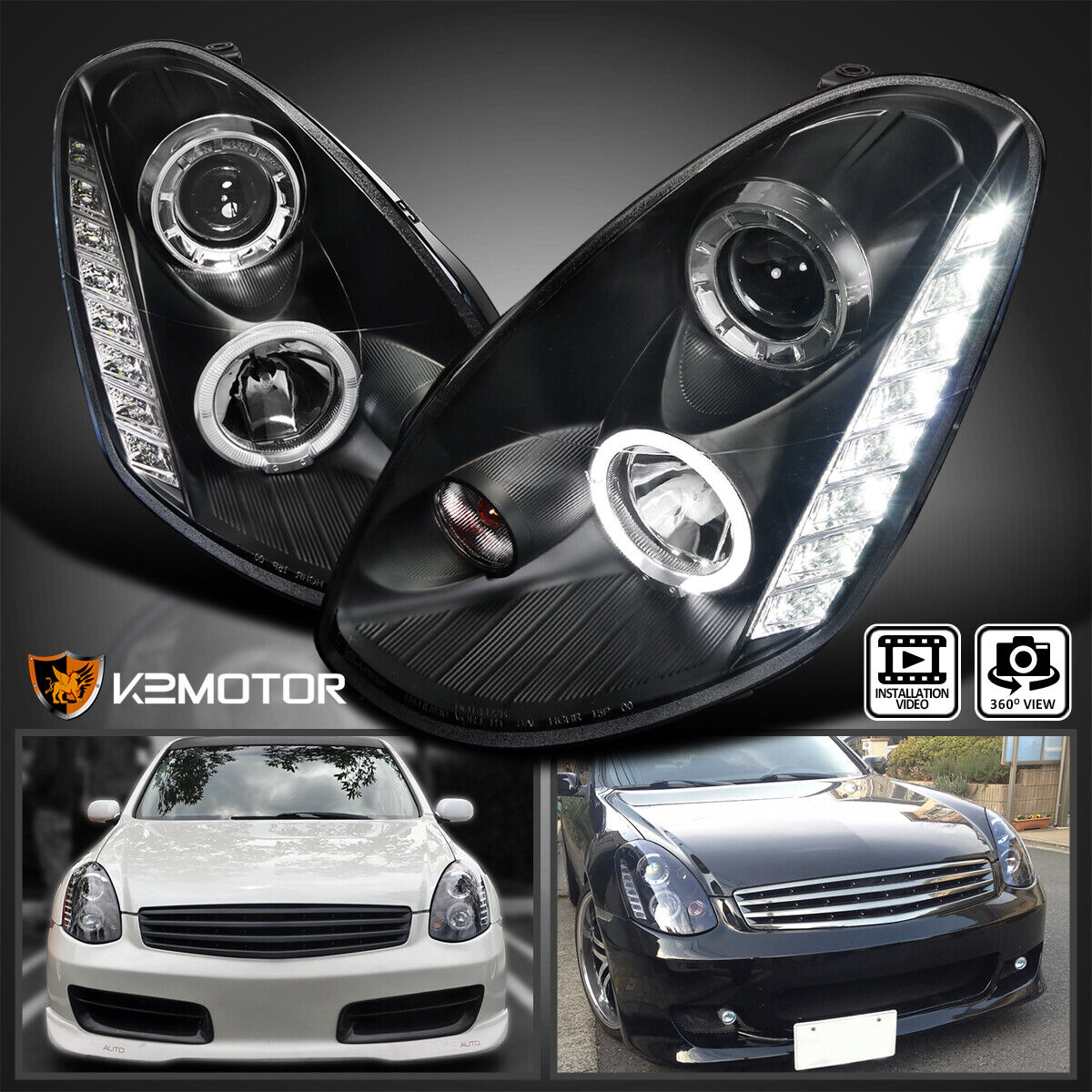 For 2005-2006 Infiniti G35 4DR LED Halo Black Projector Headlights Left+Right