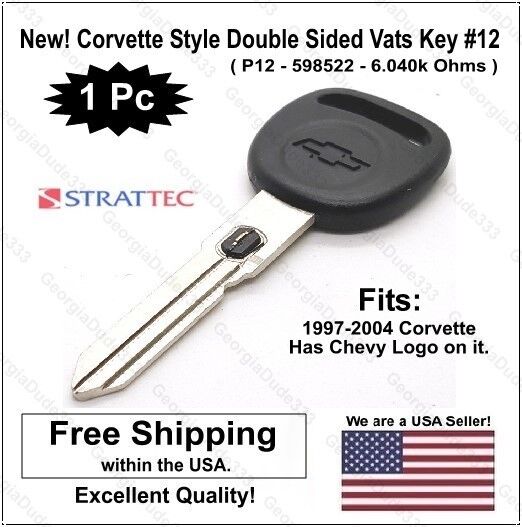 New Corvette Style Big Head GM Double Sided Vats Ignition Chevy Key w/ Chip #12