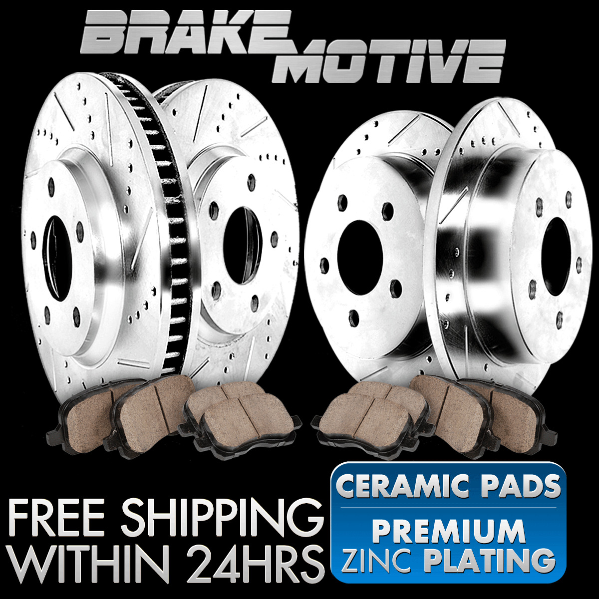 [FRONT + REAR KIT] 4 PERFORMANCE DRILLED SLOTTED BRAKE ROTORS AND 8 CERAMIC PADS