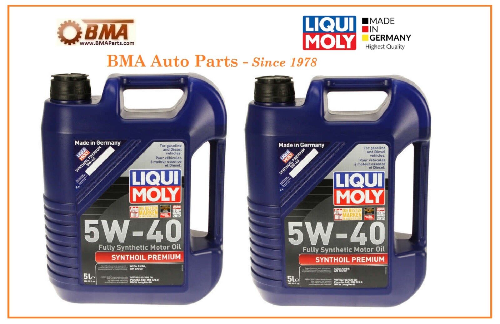 NEW LIQUI MOLY HIGH TECH GERMAN SYNTHETIC MOTOR OIL - 5W40 - 10 LITERS 2041