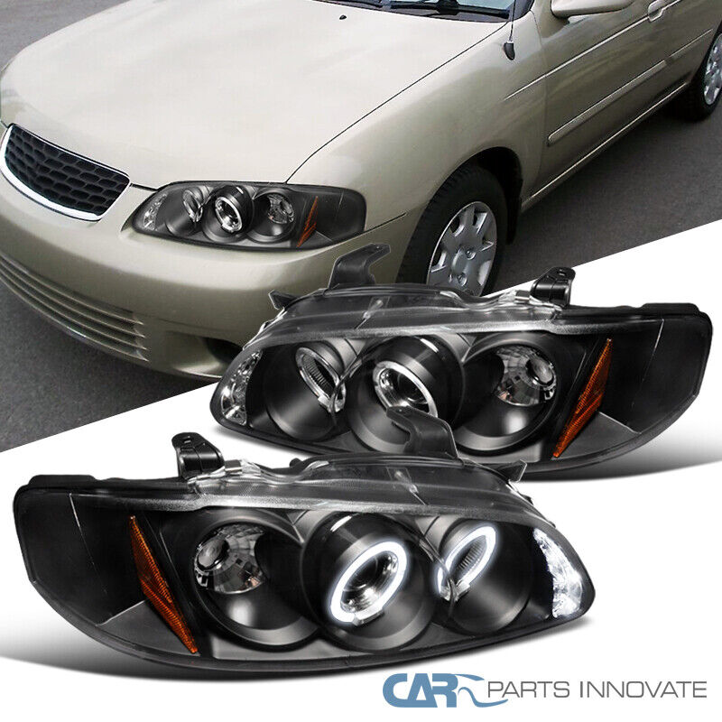 For 00-03 Nissan Sentra LED Halo Black Projector Headlights Head Lamp Left+Right
