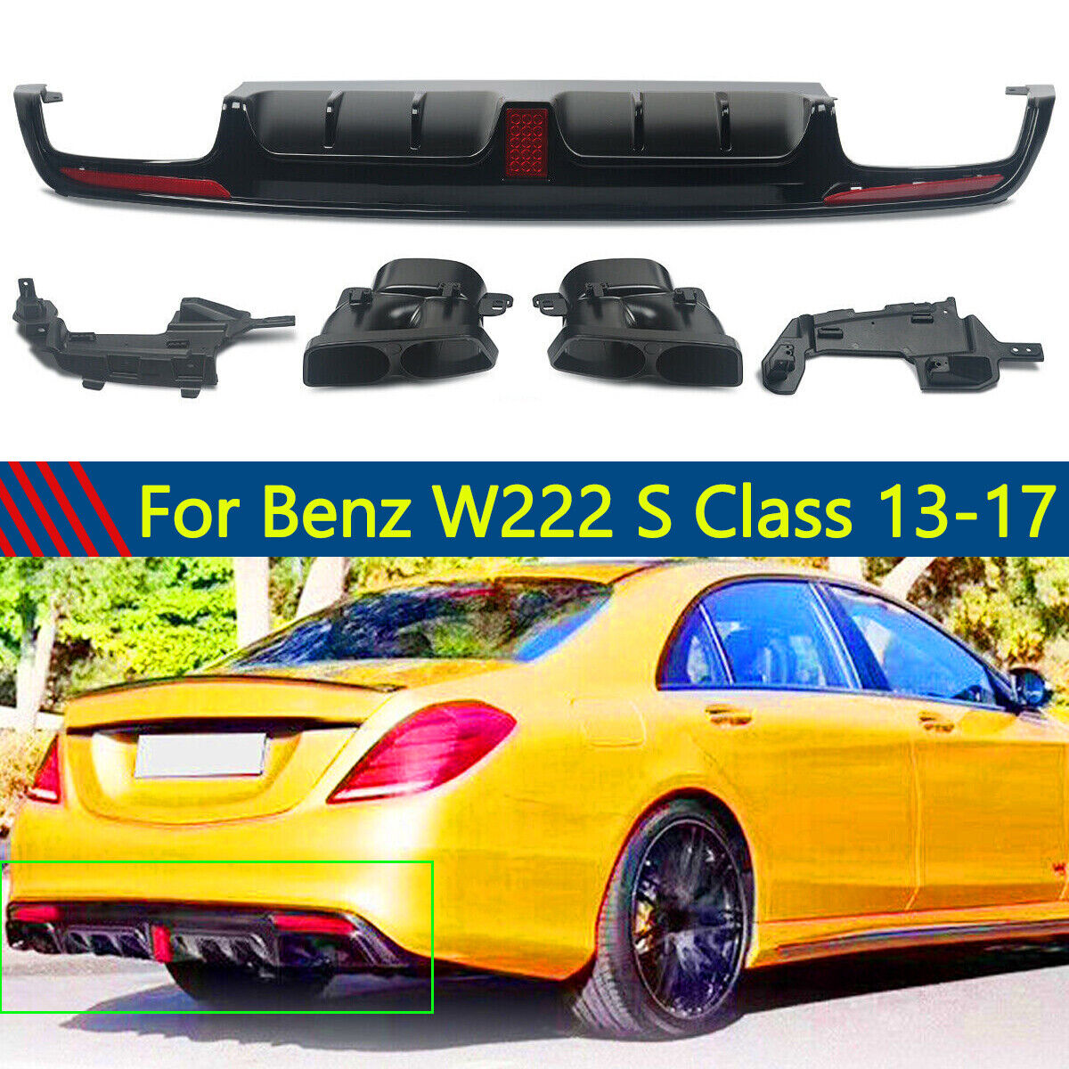 F1 Style Gloss Black Rear Diffuser W/Exhaust For Mercedes S Class W222 2013-2017