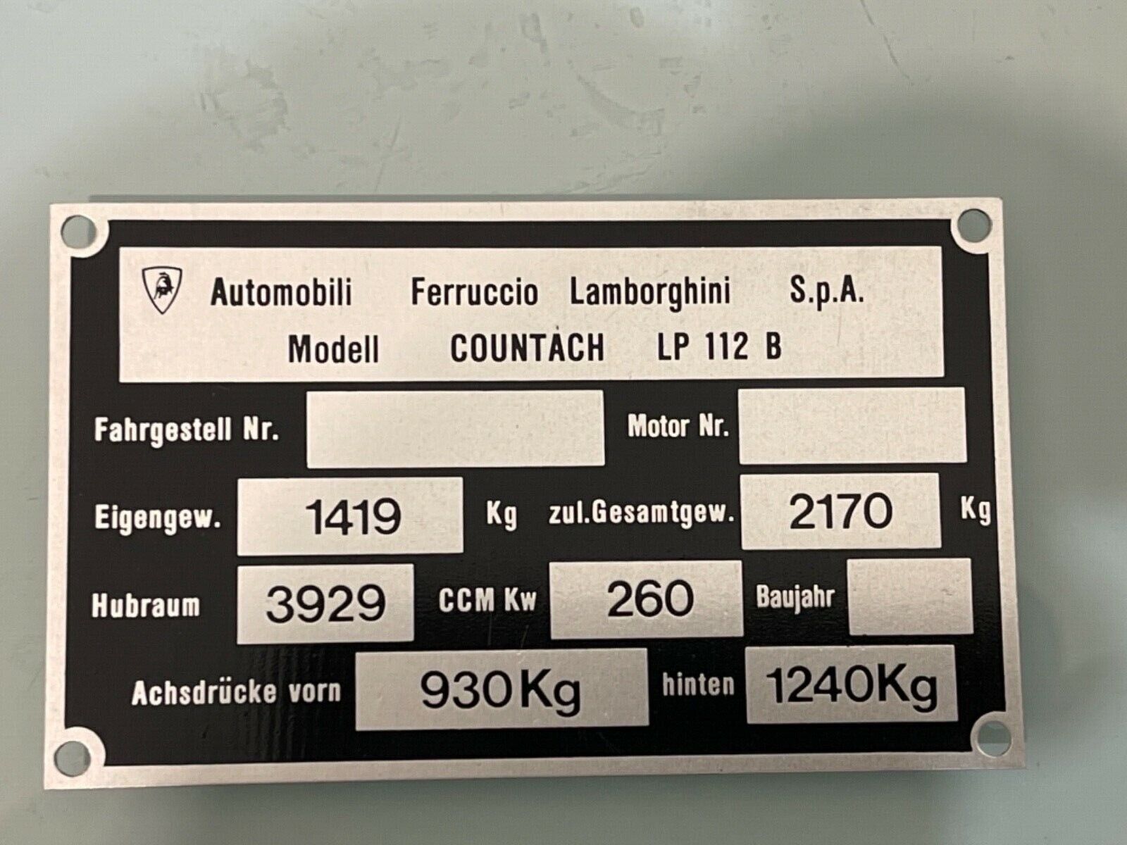 Lamborghini Countach LP 112Manufacturers ID Data Plate