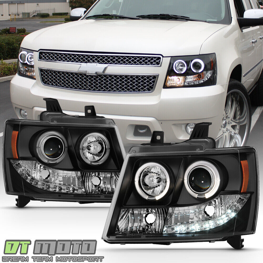 Blk 2007-2014 Chevy Suburban Tahoe Avalanche LED Halo Projector Headlights Lamps