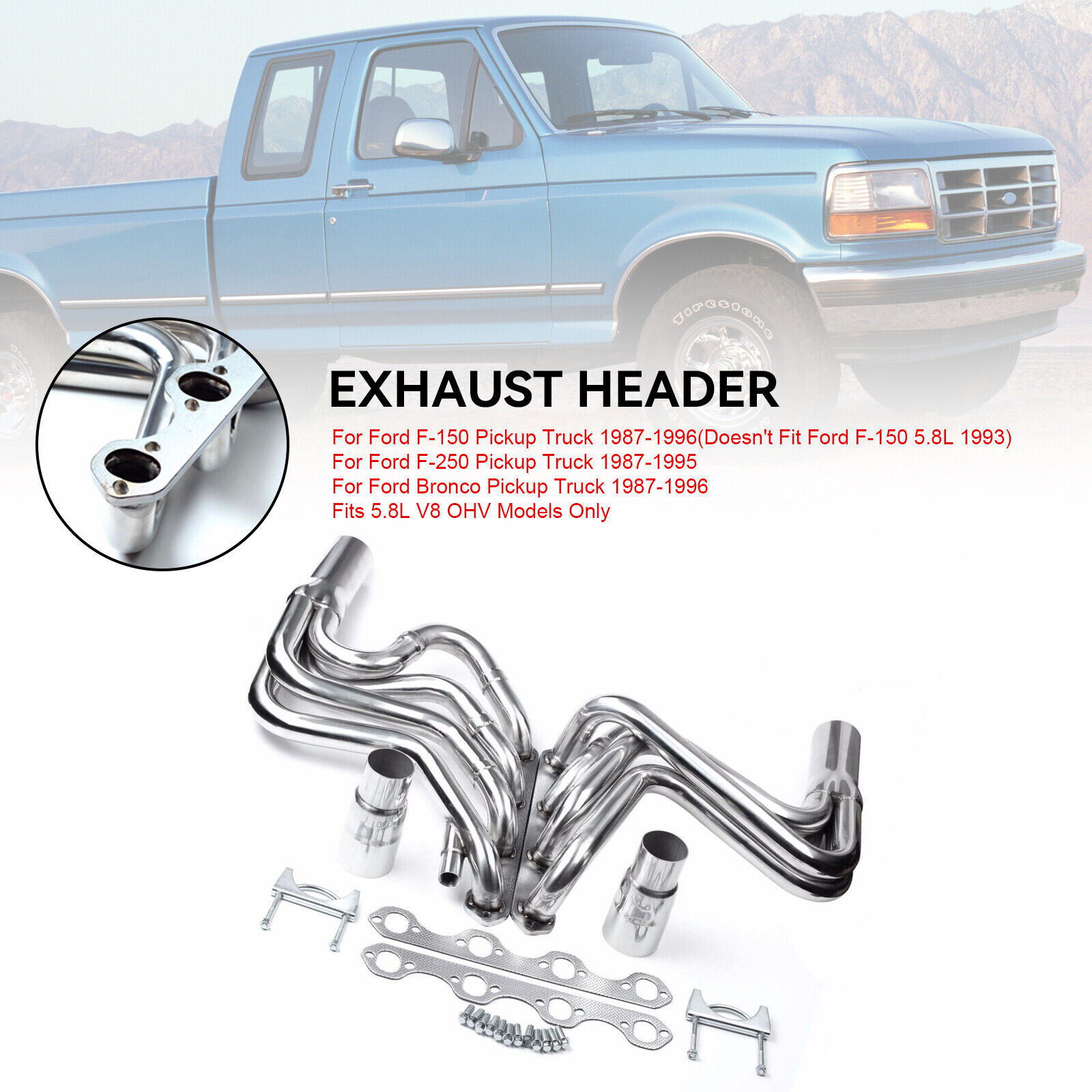 NEW 1× Exhaust Header Kit For Ford F150/F250 & Bronco 5.8 V8 87-96 Pickup Truck