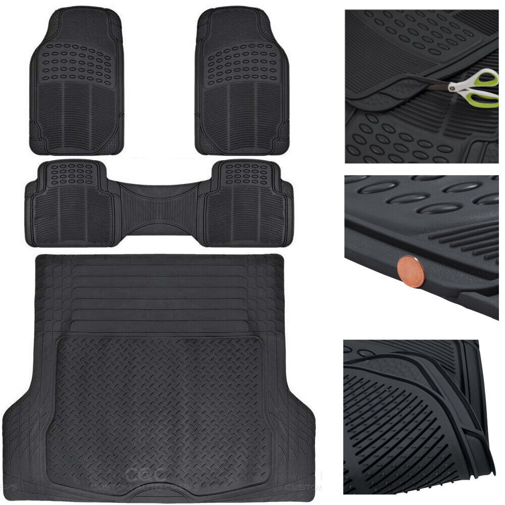 Car Rubber Floor Mats with Cargo Trunk Liner 4 Pieces Heavy Duty Set Trimmable