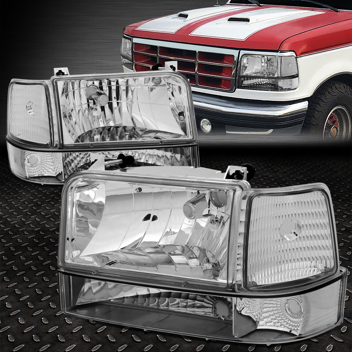 FOR 92-96 FORD F150 F250 F350 CHROME HOUSING CLEAR CORNER HEADLIGHT BUMPER LAMPS