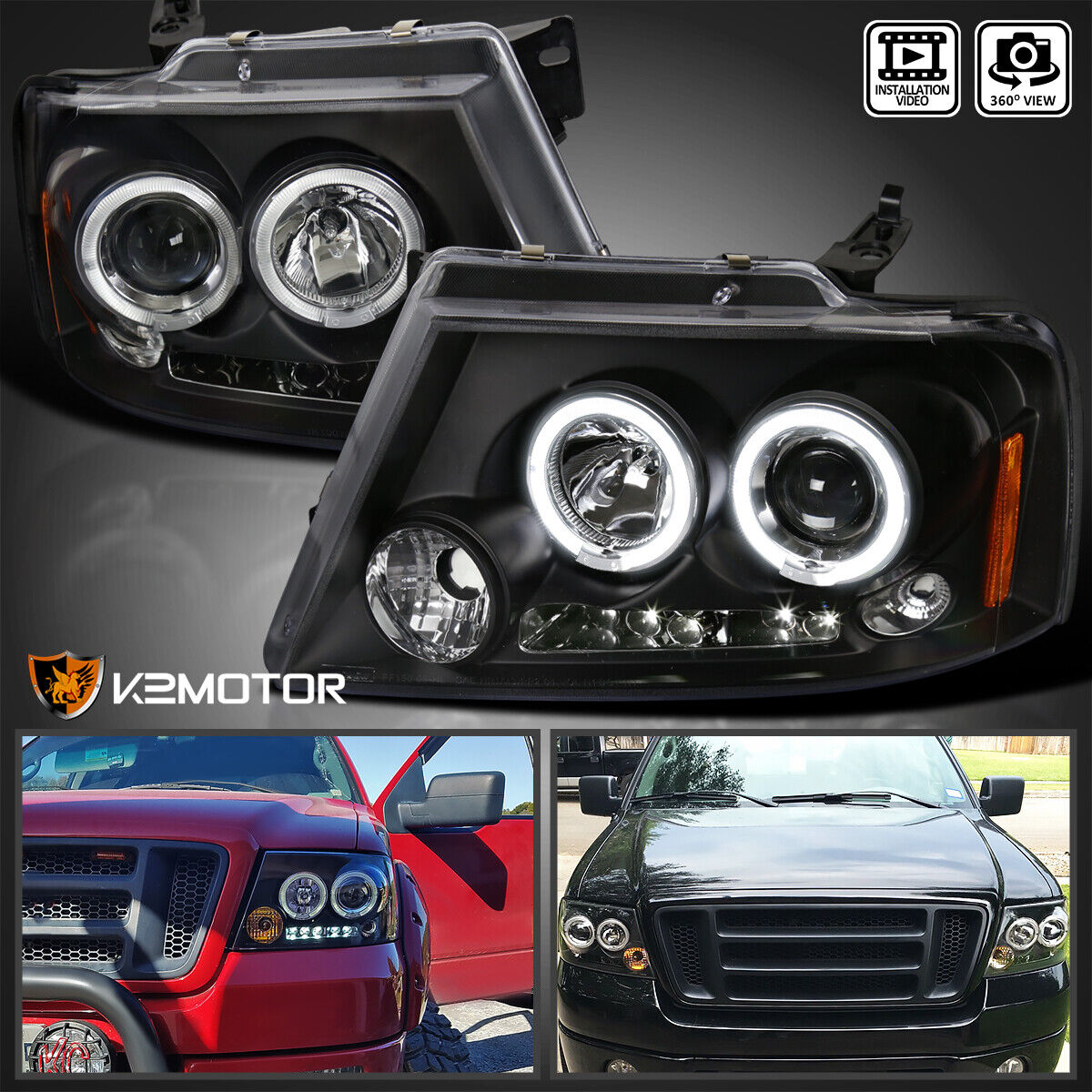 Black Fits 2004-2008 Ford F150 LED Halo Projector Headlights Lamps Left+Right