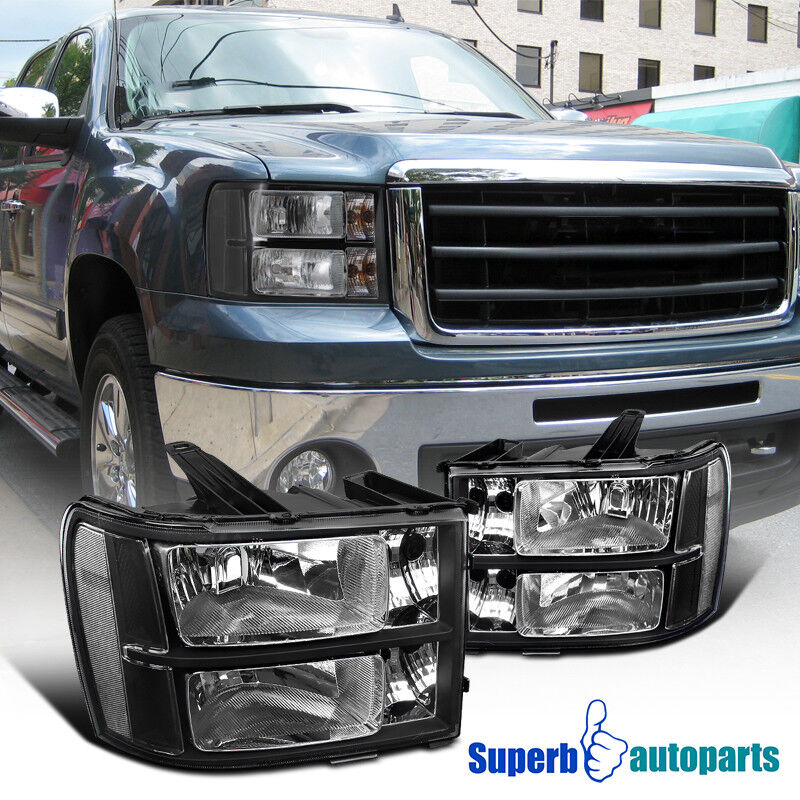 For 2007-2013 GMC Sierra Pickup Black Headlights Head Lamps Replacement