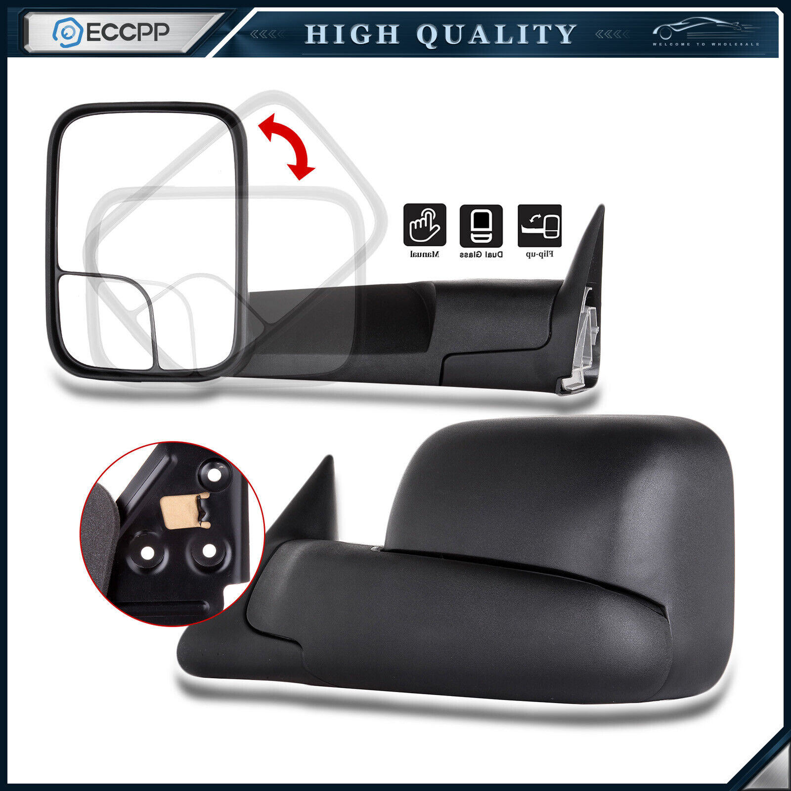 Left+Right For 1994-01 Dodge RAM 1500 94-02 2500/3500 Flip Up Manual Tow Mirrors