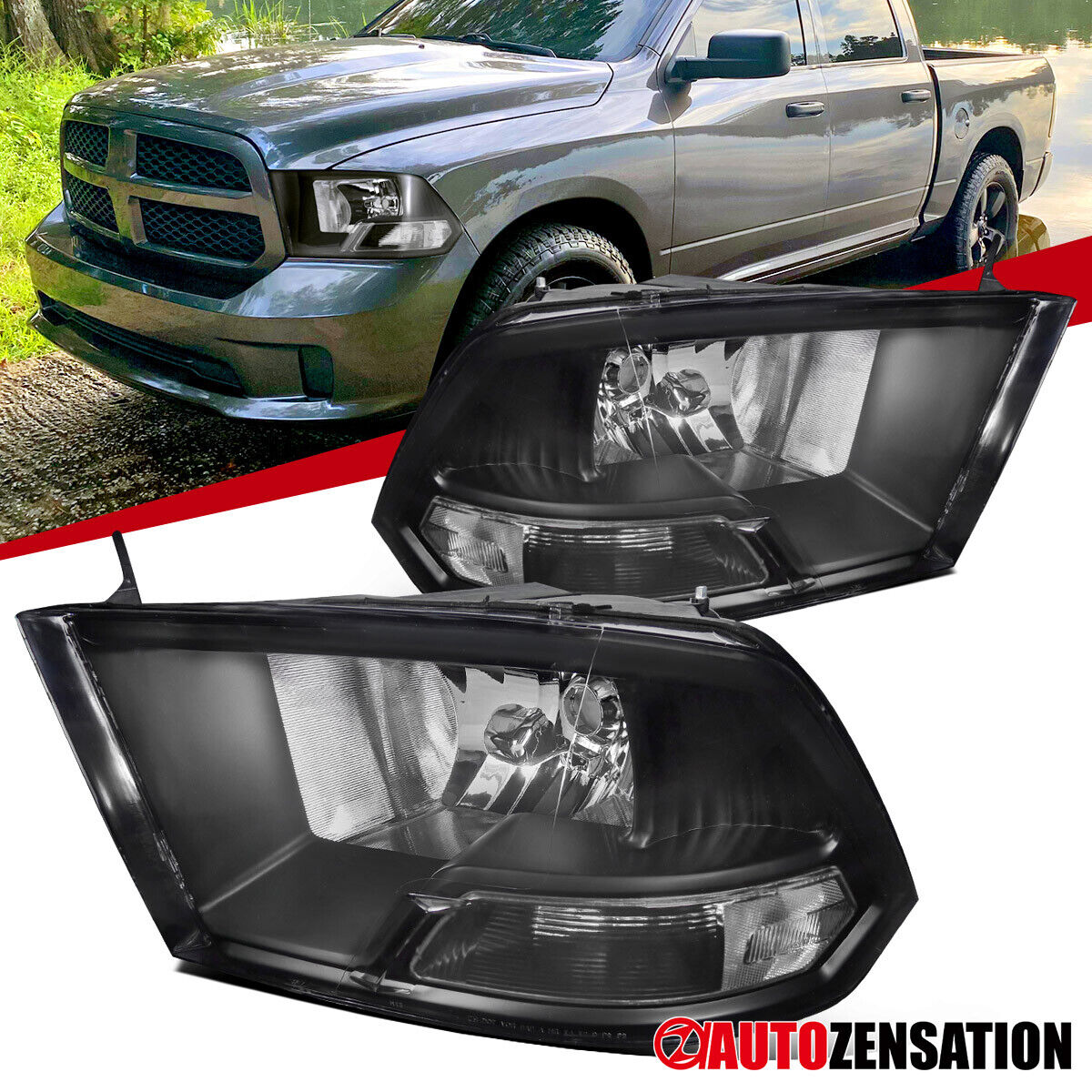 Fit 2009-2018 Dodge Ram 1500 2500 3500 Black Headlights Lamps Left+Right 09-18