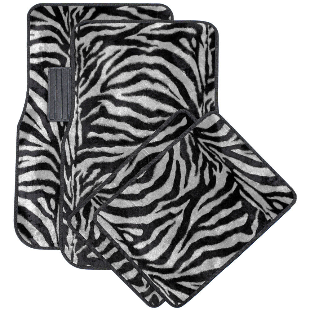 Car Floor Mats for Auto 4pc Carpet Grey Safari Zebra Tiger Print w/Heel Pad