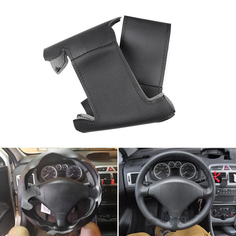 Black Leather Steering Wheel Cover Skin Trim For Peugeot 307 2001-2008 307 05-08