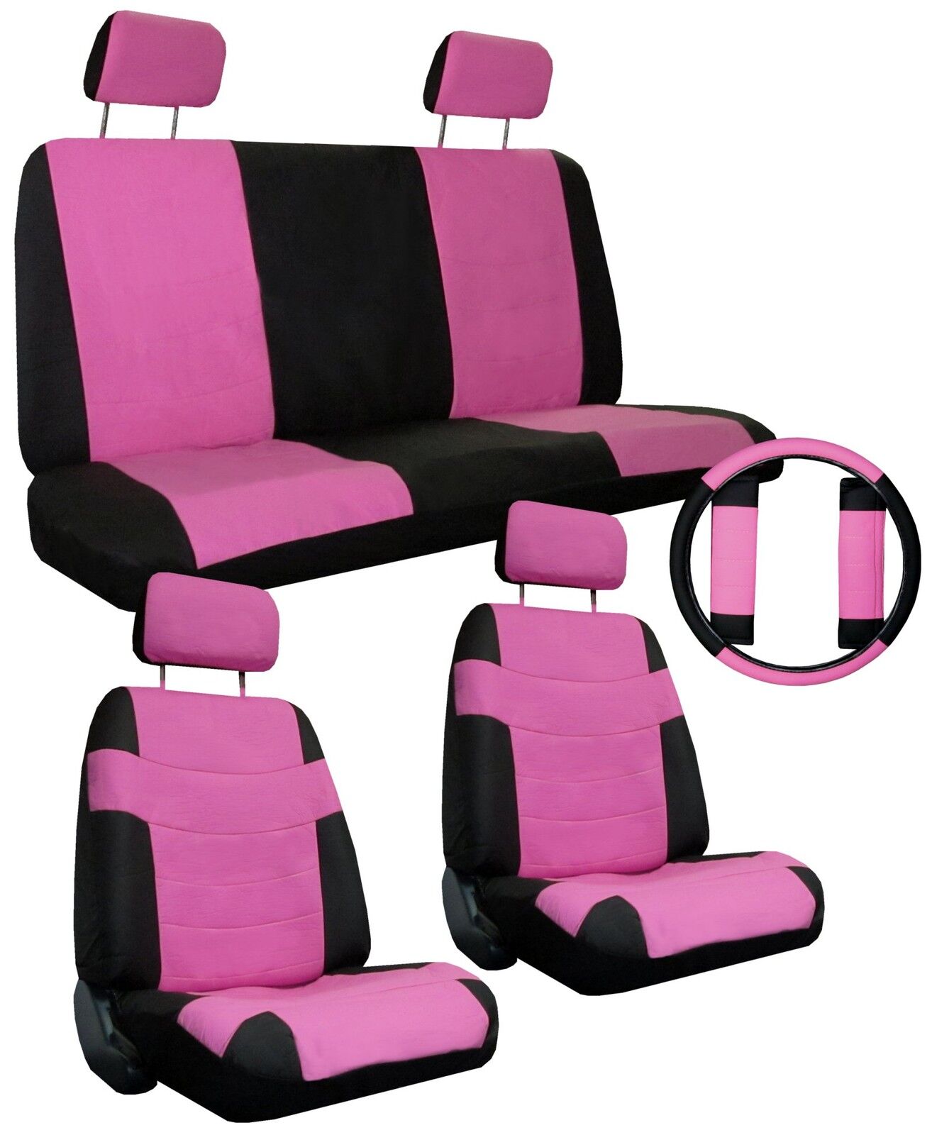 Pink Black Car Seat Covers Set w/ Steering Wheel Cover & Belt Shoulder Pads #4