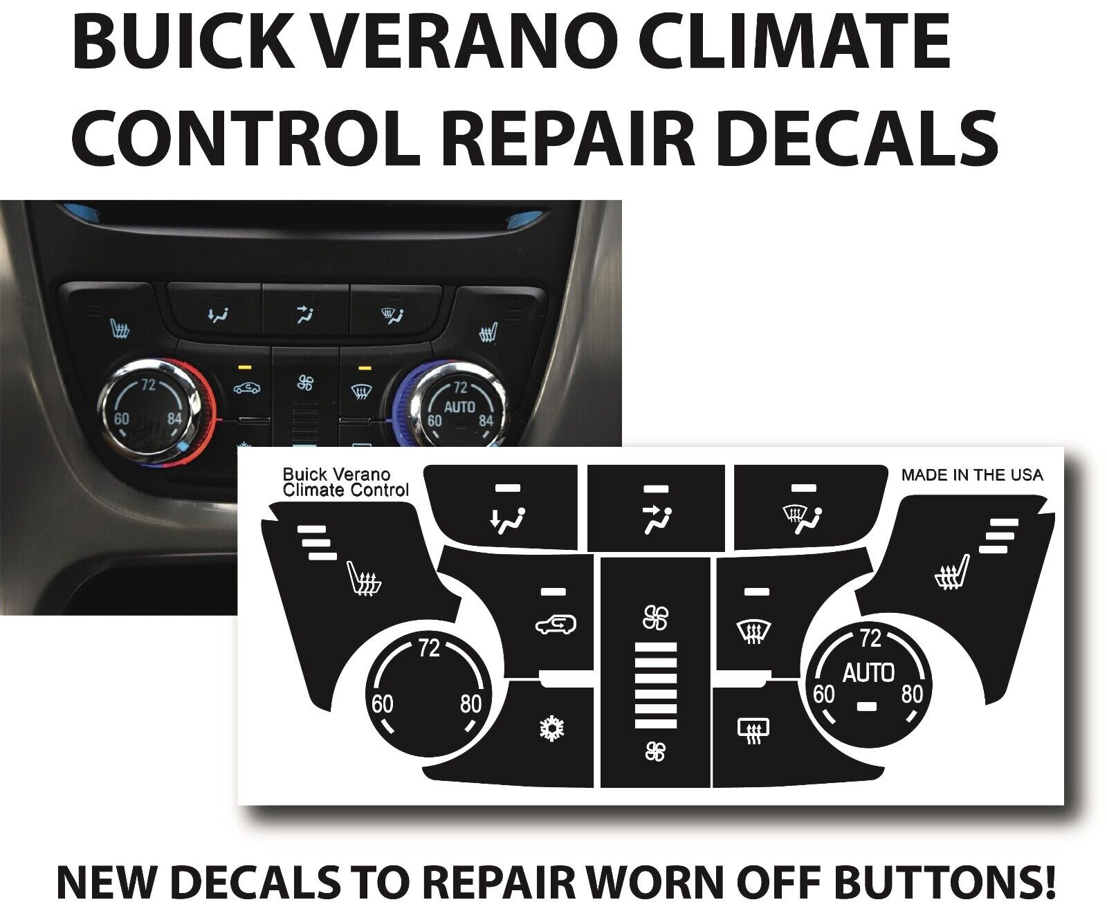  2012-2015 Buick Verano Climate Control Black Button Repair Decal Sticker Set
