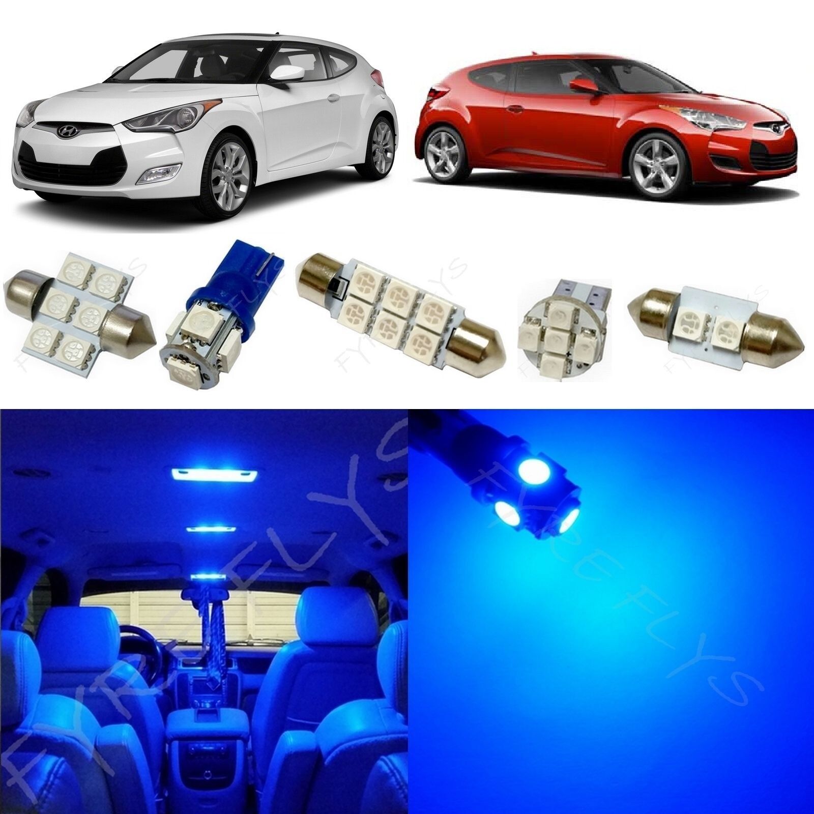 8x Blue LED lights interior package kit for 2012-2017 Hyundai Veloster YV1B