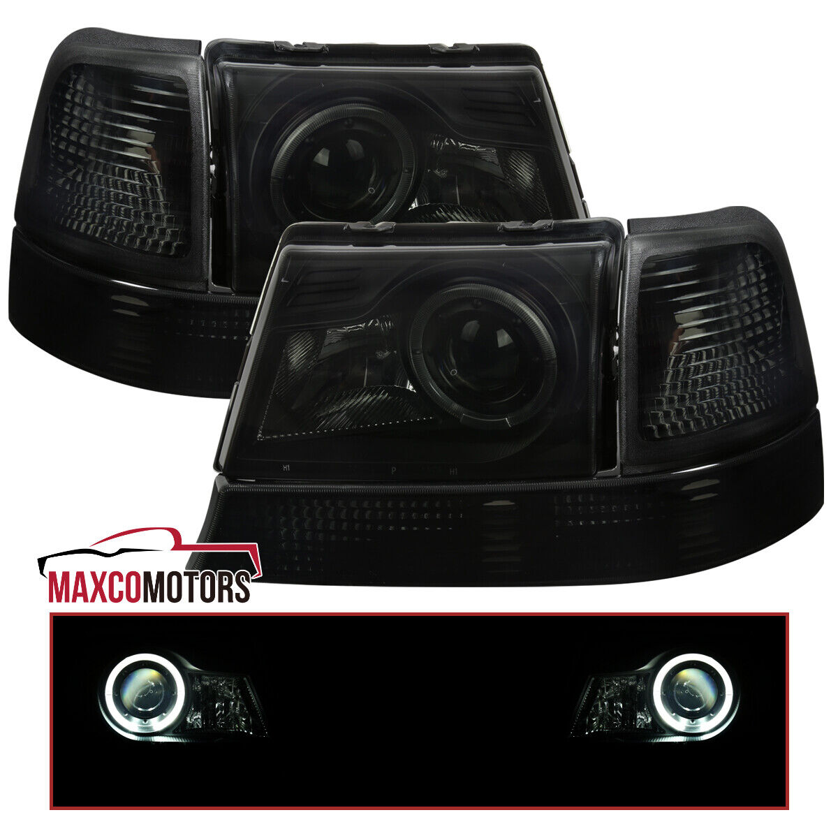 Black Smoke Projector Headlights+Corner Lamps Fits 1998-2000 Ford Ranger Halo